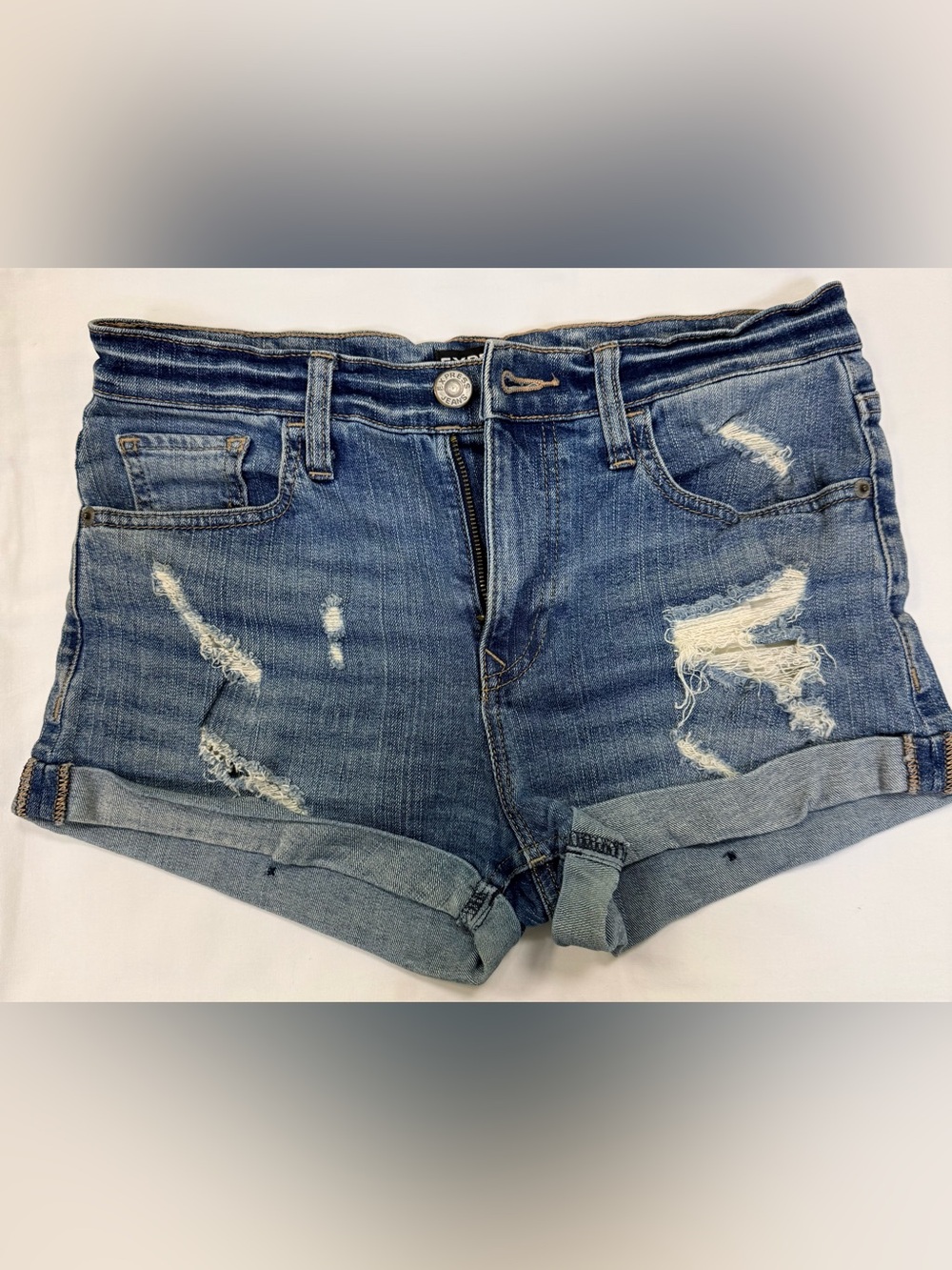 Express Distressed Blue Rolled-Hem Denim Shorts